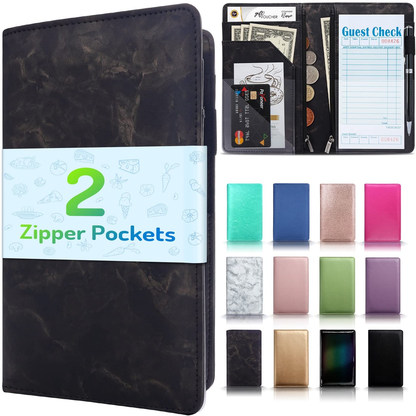 Marble Black Server Book with 2 Zipper Pocket