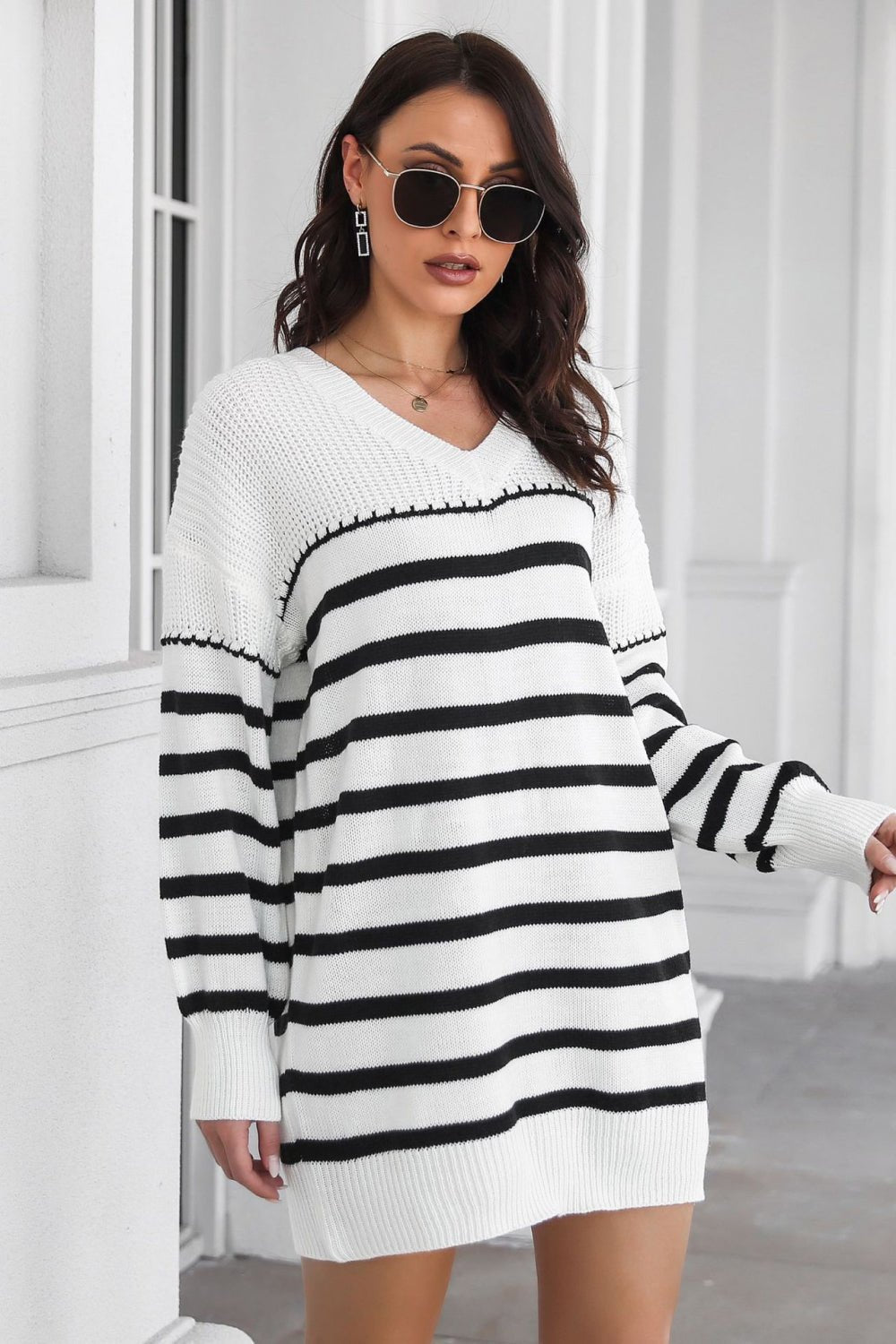 Striped V-Neck Shoulder Sweater Dress